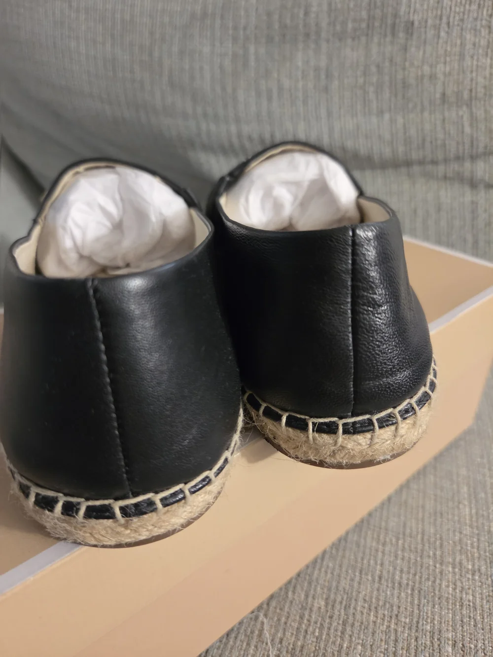 Michael Kors Black Espadrille Slip-On with Tan Jute Sole and Gold MK Charm